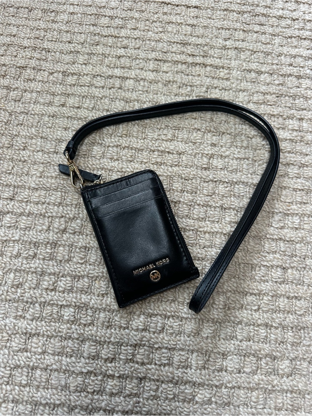 Michael Kors Black & Gold Small Jet Set Charm Leather Card Case Lanyard Wallet